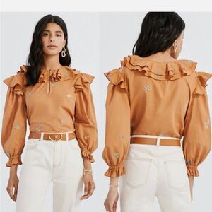 Something Navy Embroidered Floral Ruffle Trim Long Sleeve Blouse Top Camel Small